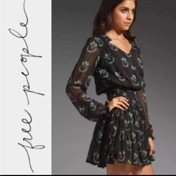 Free People Wild Horses Peacock Print Mini Dress | Boho | Black | Size XS - Picture 4 of 11